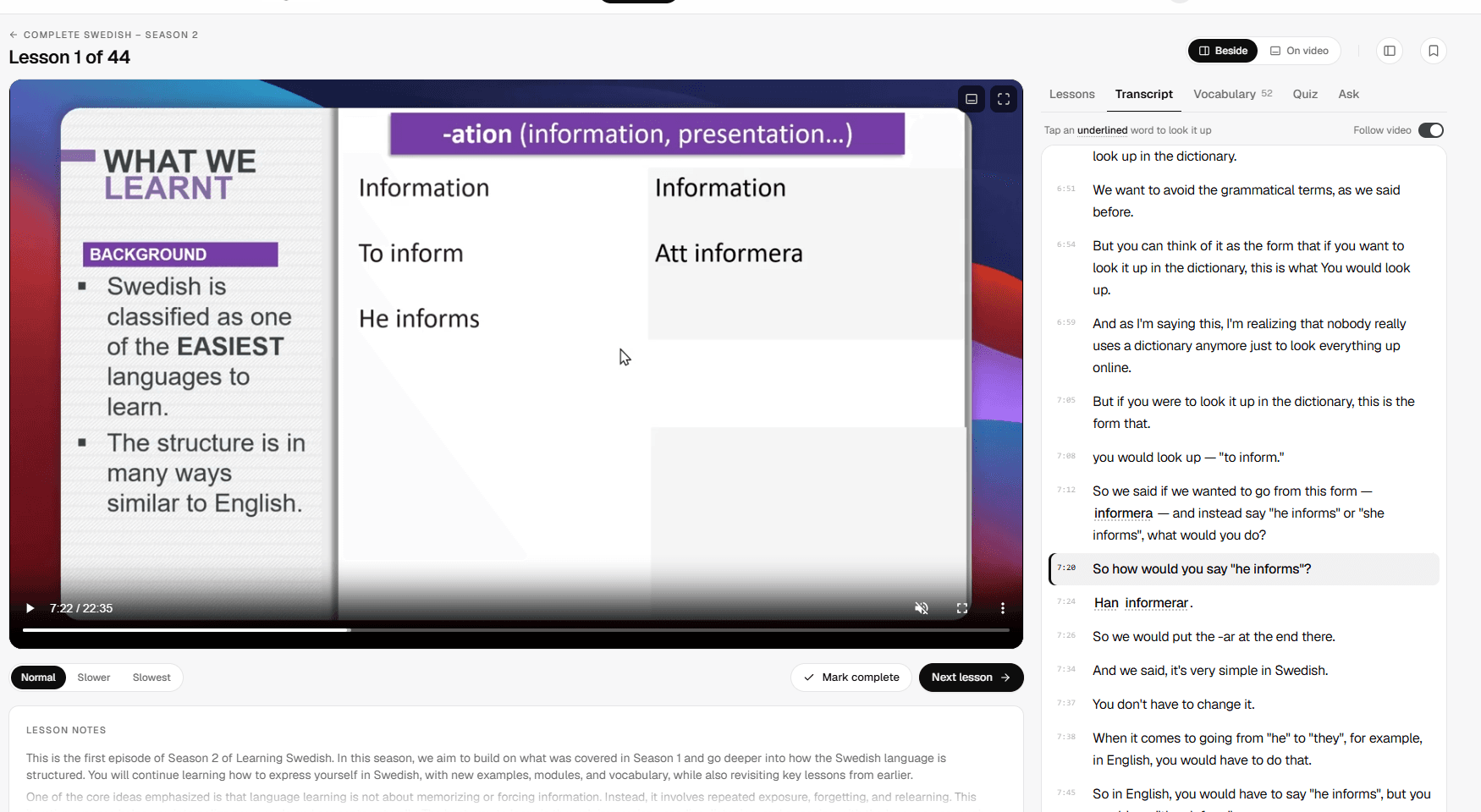 A lesson with the video beside its synced transcript