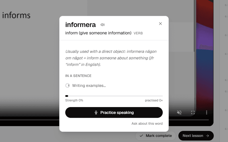 A word card opened from the transcript