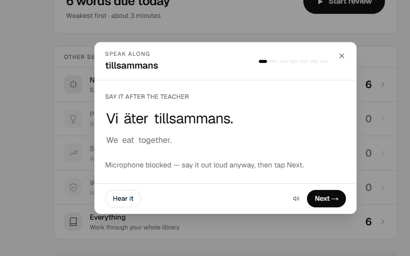 A speaking drill with words lighting up as they are said